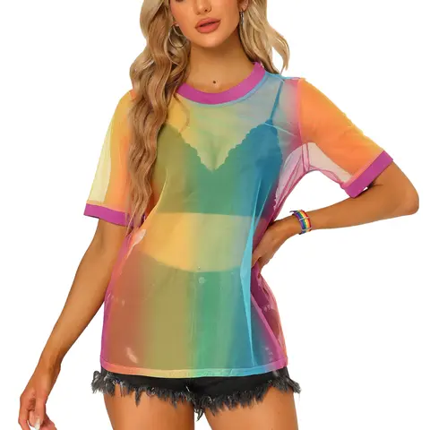 INSPIRE CHIC Mesh T-Shirt Cover Up Short Sleeve See Through Sheer Top Streetwear