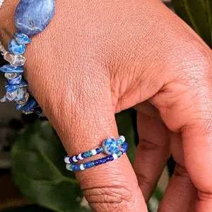 YEMỌNJA - Òrìṣà Yemọnja Elekẹ Stretchy Stim Rings, Vibrant Deep Blue and Pearlescent, Matte, & Silverlive Charlotte-Cut Czech Seed Beads, Handcrafted Beaded Design, Unique Shape and Style