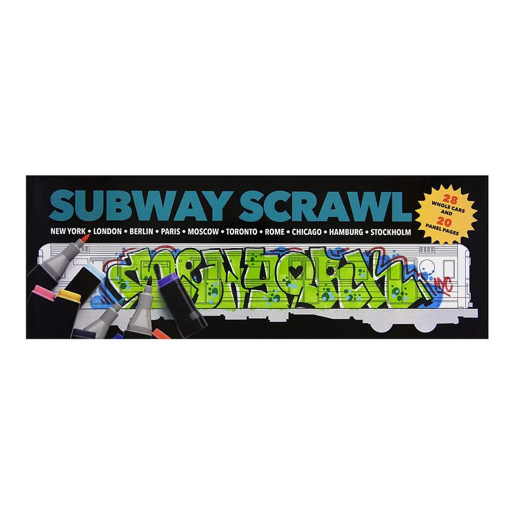 Subway Scrawl Sketchbook featuring black and white outlines of trains for you to practice your best graffiti styles.