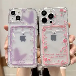 This butterfly and flower themed card holder phone case features a back for displaying cards and photos, is compatible with iPhones, has a beautiful design, and is made of TPU material for shock and drop resistance.