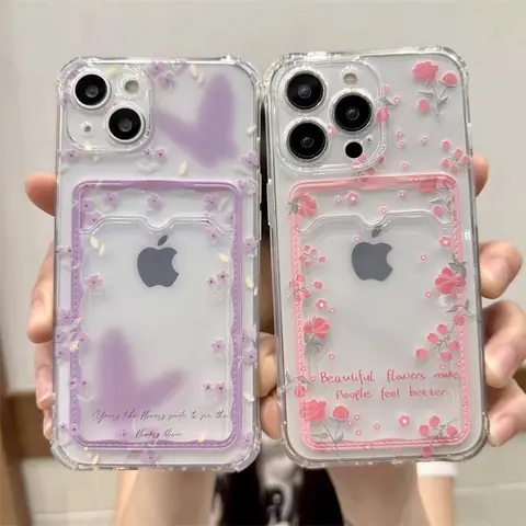 Butterfly and Flower Themed Card Holder Phone Case - TPU Shockproof Protective Cover for iPhones with Card/Photo Display Back, Mobile Accessories for Decoration