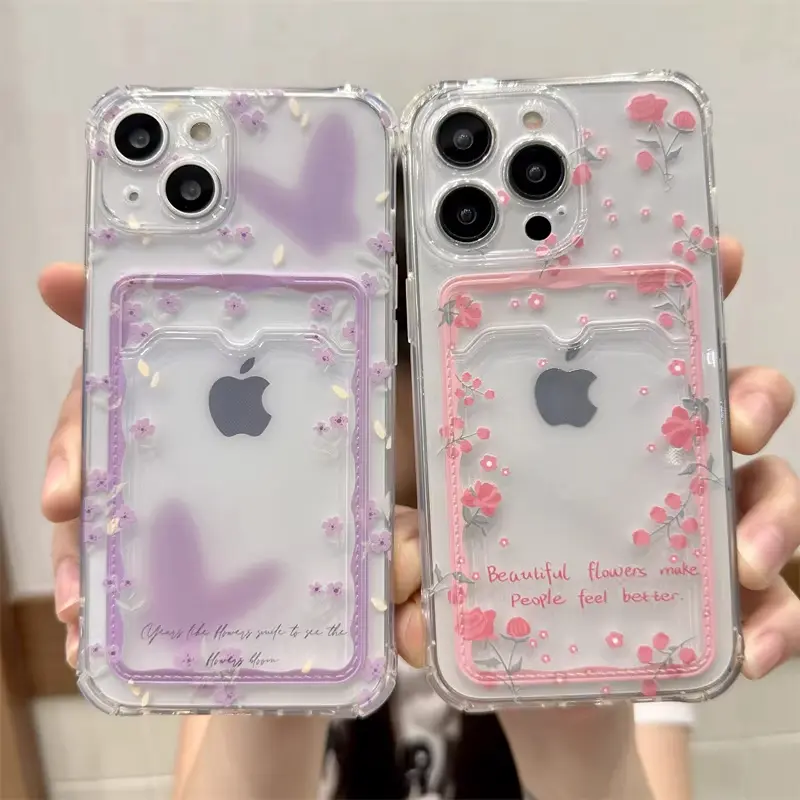 This butterfly and flower themed card holder phone case features a back for displaying cards and photos, is compatible with iPhones, has a beautiful design, and is made of TPU material for shock and drop resistance.