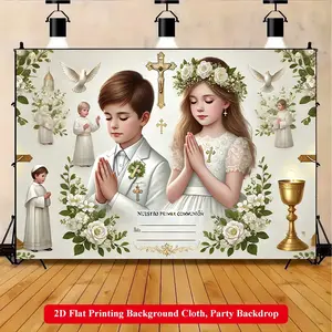 2D Flat Printing Backdrop Banner 1pc, Young Communicants at Ceremony Background Cloth, Multi-Size Polyester Wall Decor Suitable for LivingRoom, Bedroom, Office, Outdoor Parties and Holiday Gifts, No Electricity Required