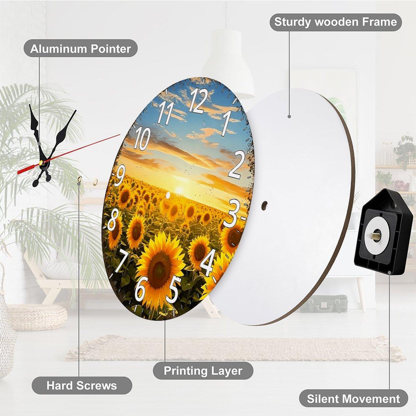 12 Inch Sunflower Field Sunset Wooden Wall Clock | Silent Non-Ticking Rustic Farmhouse Decor, Nail Included, No Battery Included, Perfect for Living Room, Kitchen, Sunroom 12 Inch Sunflower Field Sunset Wooden Wall Clock | Silent Non-Ticking Rustic Farmhouse Decor, Nail Included, No Battery Included, Perfect for Living Room, Kitchen, Sunroom