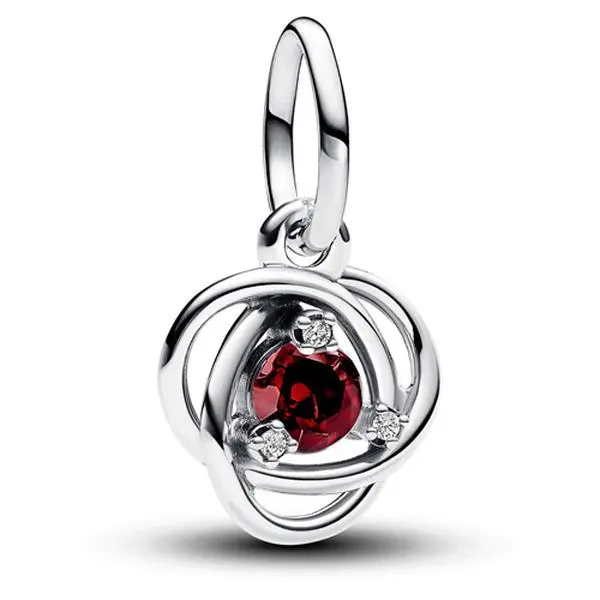 PANDORA January Eternity Circle Dangle Charm in Sterling Silver for Women, Infinity Braid with Red Crystal and Cubic Zirconia 793125C01, Synthetic, Gift, Charms & Pendants