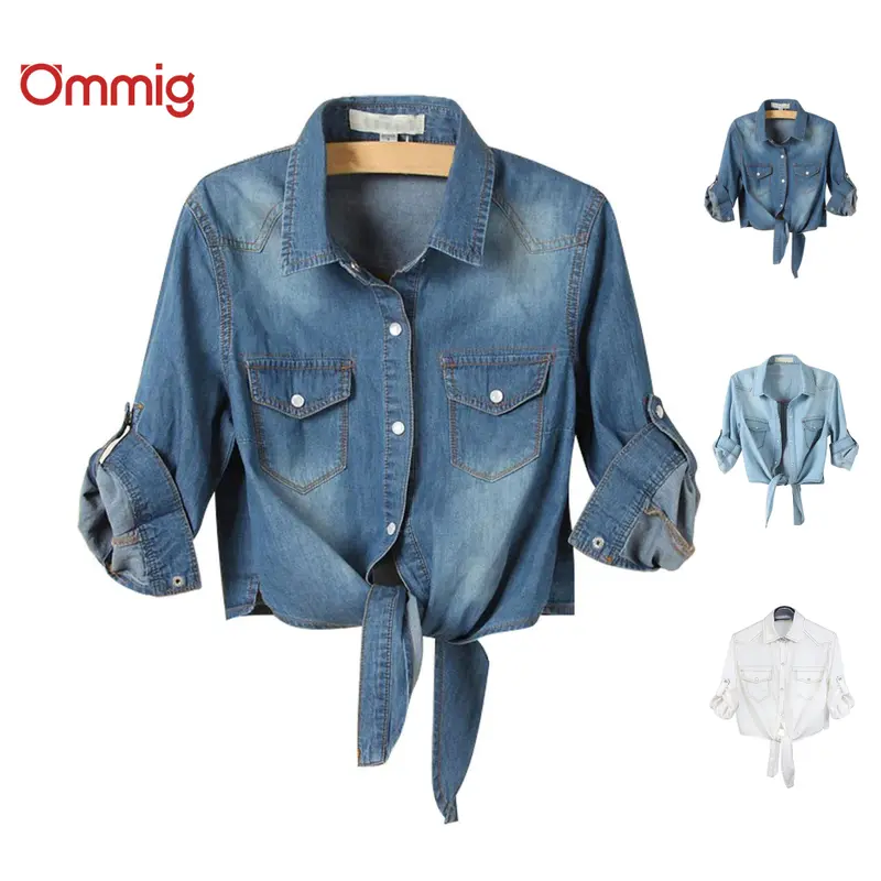 Ommig Women's Distressed 3/4 Sleeve Fitted Denim Tie Knot Crop Top - Y2K Western Button-Down Casual Shirt, Summer Basic Blouse for Women