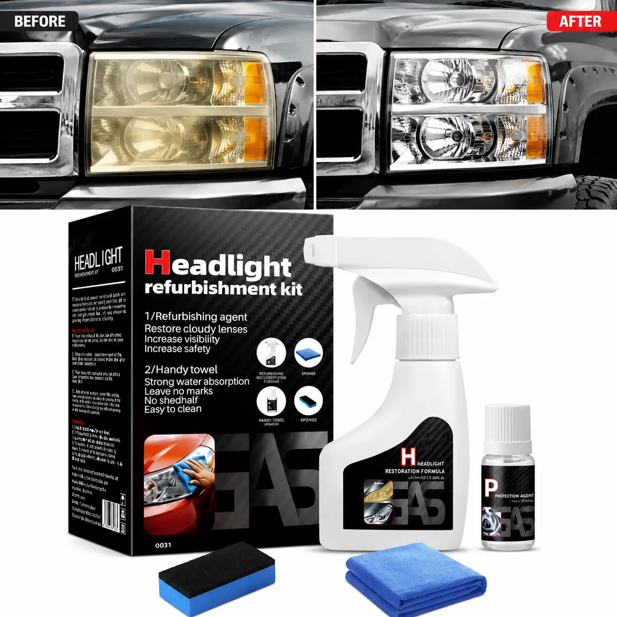 Car Headlight Restore Kit – Remove Yellow & Foggy Lenses in Minutes, Make Your Headlights Look Brand New + UV Protection Ceramic Coating Hydrophobic
