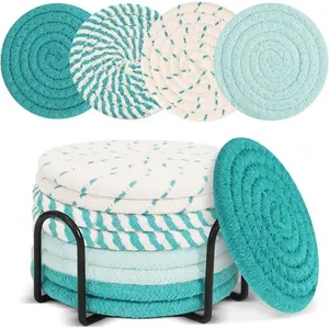 Teal Blue Coasters Set of 8,Fabric Coasters for Drinks,Absorbent Woven Coaster with Holder,Cloth Coaster for Coffee Table Decor, Bar Decor Accents,Housewarming Gifts for Women
