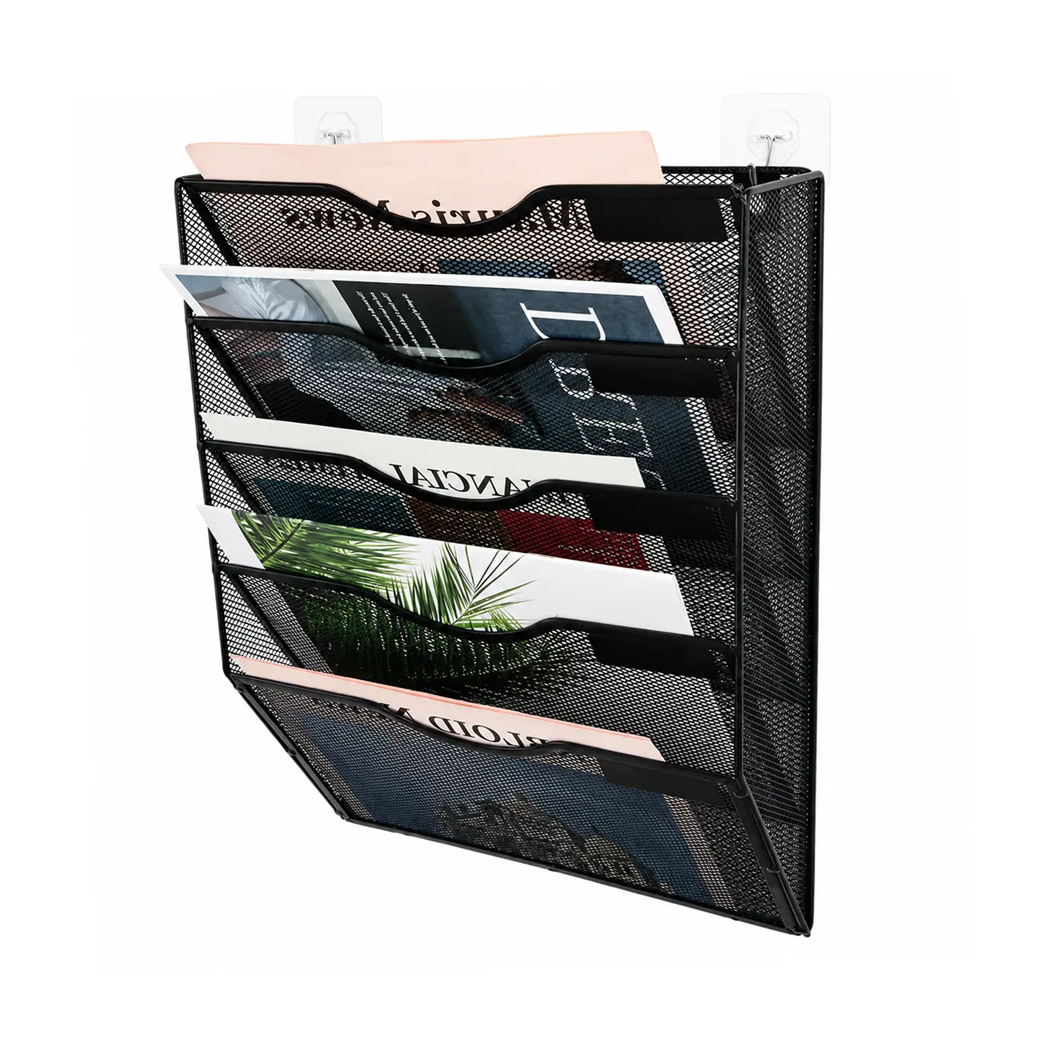 Black Metal Mesh Wall File Holder Organizer - 5-Pocket Hanging File Folder Rack for Office Mail, Magazine, Paper Document Storage & Workspace Organization