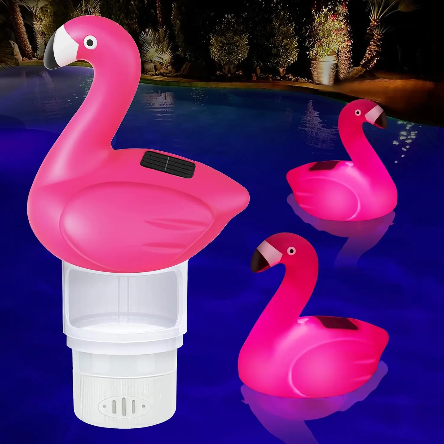 Solar Pool Chlorine Floater, 7 inch Flamingo Chlorine Floater with Light, Glow in Dark Chlorines Tablet Floater, Adjustable Release and Easy Opening Floating Chlorine Dispenser for Pool,Hot Tub