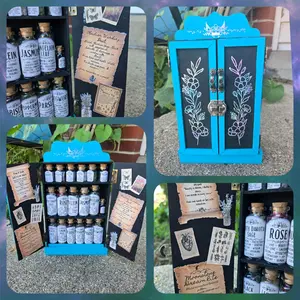 Mini Apothecary Cabinet with Herb Bottles & Witchy Decor for Altar or Display - Botanical Labels