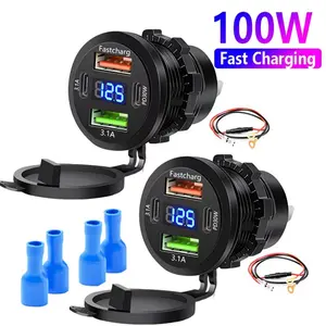 2026 New Model Car Charger 100W Super Fast Charging 12V-24V Digital Display Car Charger with 4 Ports Dual PD Fast Charging Suitable for Cars, Rvs, Motorcycles, And Boats, Without Battery