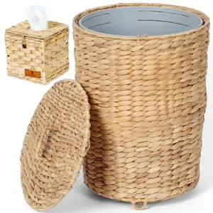 Wicker with Lid, 2.9 Gallon with Liner & Raised feet, Handwoven Hyacinth Waste Basket with Tissue Box, Decorative for Bedroom,, Office