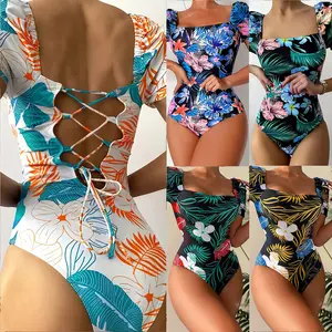 2026 European and American foreign trade women's floral print one-piece swimsuit, cross-border bikini with straps, wholesale