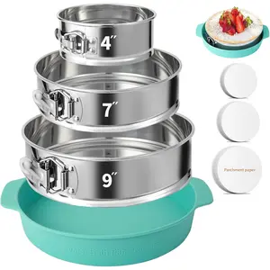 4, 7, 9 Inches Springform Pan Set of 3 - 304 Stainless Steel Nonstick Springform Cake Pan Set with Removable Bottom, 10 Inch Leakproof Silicone Cheesecake Pan Protector with 60 Pcs Parchment Paper