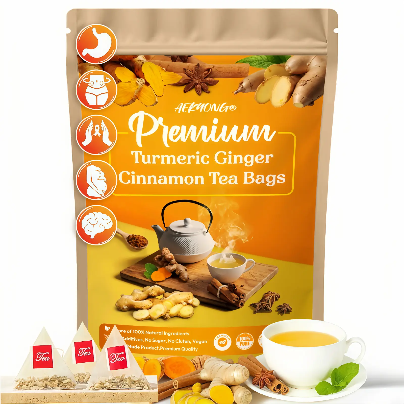 Premium Turmeric Ginger Cinnamon Tea Bags 120 Count-100% Natural Ingredients -Handmade Vegan Chinese Herbal Blend-No Additives Sugar Gluten Caffeine