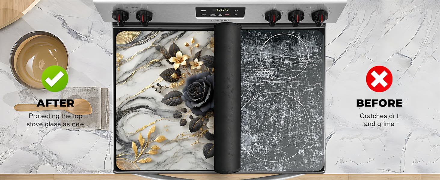 JOYFINITY Heat-Resistant Glass Stove Top Cover with Anti-Slip Rubber Coating – Electric Stove Protector, Scratch-Resistant, Expands Counter Space, Stylish Kitchen Decor (Rose, 28.4*20.5 in)