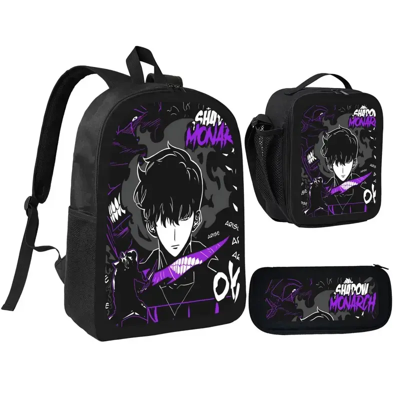 Shadow Monarch 3-piece backpack set, including a shoulder bag and pencil case, adjustable shoulder strap, unisex zippered backpack.