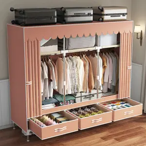 LEAIJIAFY Sturdy Home Bedroom Simple Wardrobe Durable Thickened Steel Tube 3 Drawers 3 Hanging Rods 3 Shelves Pink Color Elegant Storage Solution metal garment rack Portable Magnetic Wardrobe Closet Organizer Portable Large Closet Organizer