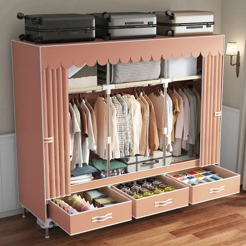 LEAIJIAFY Sturdy Home Bedroom Simple Wardrobe Durable Thickened Steel Tube 3 Drawers 3 Hanging Rods 3 Shelves Pink Color Elegant Storage Solution metal garment rack Portable Magnetic Wardrobe Closet Organizer Portable Large Closet Organizer