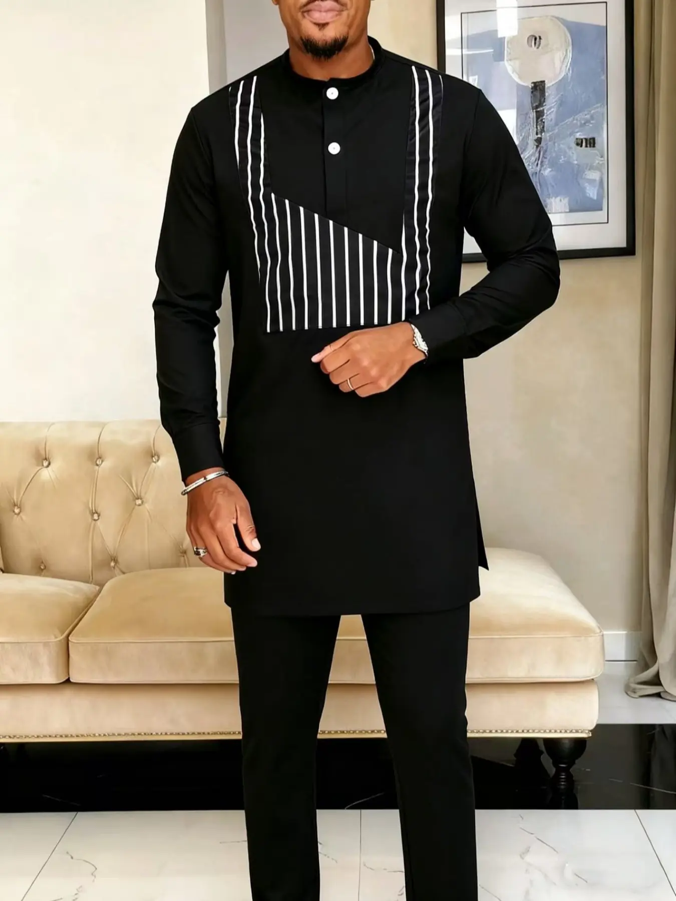 Men's Muslim Kaftan Set, Round Neck Long Sleeve Striped Patchwork Design, Casual African Wedding Party Business Gift, Traditional Clothing, Striped Tops, Tops Bottoms