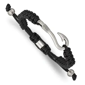 Fishing Hook Adjustable Bracelet in Stainless Steel & Black Nylon