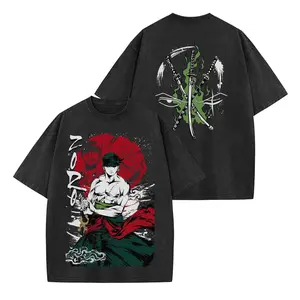 Zoro Three Swords Washed T-shirt Vintage Style, Heavyweight Anime Crew Neck Tee, Graphic Streetwear Drop Shoulder Tee, Unisex T-shirt Classic Cotton Top Menswear