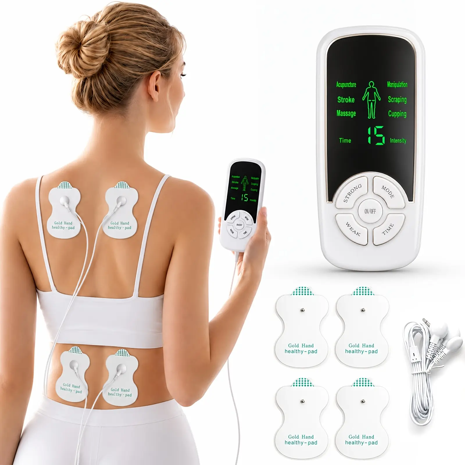 Reusable Electrode Pad Massager, Portable Electric Pulse Massage Controller with 4 Pads, 8 Modes, Adjustable Intensity and 15-Min Timer for Daily Body Comfort