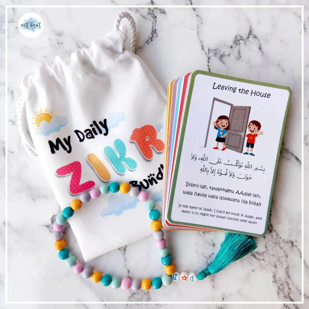 Islamic Zikr Card Bundle for Kids – Colorful Daily Duas Set with Tasbih Beads & Pouch | Learn & Practice Daily Prayers | Arabic with English Translation | Ideal for Muslim Children, Ramadan, Eid & Gift Giving