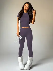 Women's 2-Piece Fitness Set, Tight-Fitting Nylon Yoga, Quick-Dry Running Sportswear, Round Neck Short Sleeve Long Pants, Yoga Clothes Set