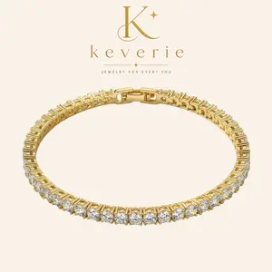 Keverie 14K Gold Plated 4mm Cubic Zirconia Classic Tennis Bracelet Hypoallergenic Size 6.5-8.5 in Women's Simulated Diamond Bracelets