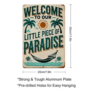 Vintage "Welcome to Our Little Piece of Paradise" Metal Wall Decor Sign | 8x12 Inch Aluminum | Multi-Use Retro Tropical Design with Palm Trees & Hammock | Easy-to-Hang, Durable for Outdoor, Porch, Patio, Garden, Bar, Cafe | Decoration Hanging Light