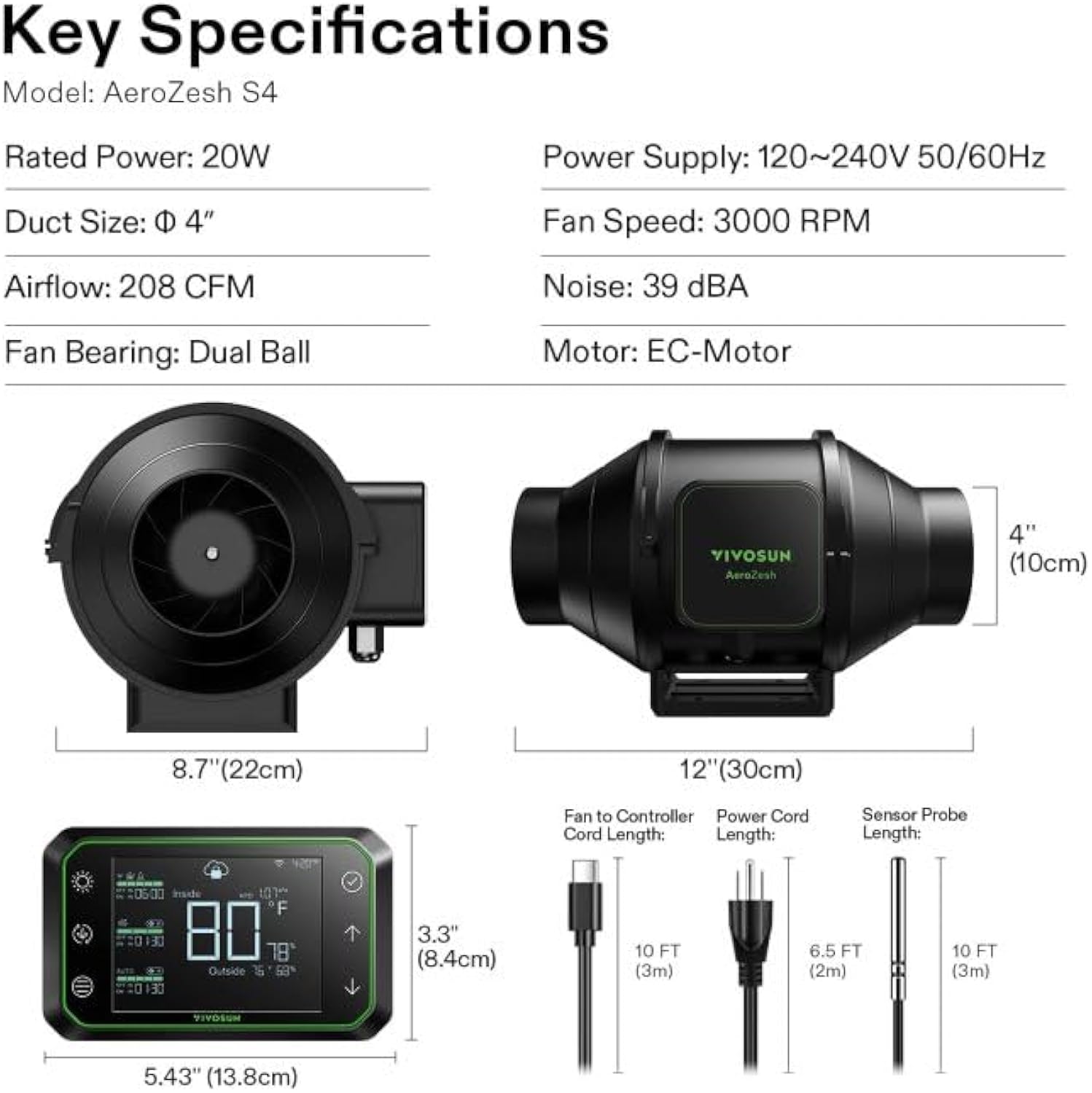 VIVOSUN AeroZesh S4 Inline Duct Fan, Quiet 4" 208 CFM Ventilation Exhaust Fan w/EC Motor and GrowHub E42A Temperature Humidity WiFi-Controller - for Heating Cooling Booster, Grow Tents, Hydroponics
