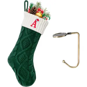 18" Large Green-White Knitted Christmas Stocking with Embroidered Initial Letter A Monogram for Xmas Party Fireplace Family Hanging Decoration 1Pc