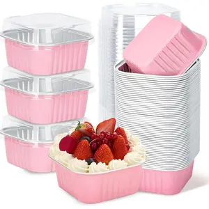 30-Pack 5oz Pink Square Aluminum Foil Mini Cake Pans with Lids & Secure Seal, 2.7x2.7" Individual Bakeware Dessert Cups, Plastic Kitchen Baking Utensils & Kitchen Supplies for Parties, Picnics