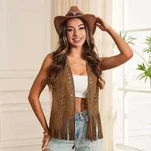 Women's Fringe Faux Suede Vest Casual Open Front Sleeveless Tassel Hippie Jacket
