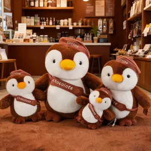 Cute Coffee Chocolate Penguin Plush Stuffed Animal, Barista Hat Crossbody Sling Bag Penguin Throw Pillow, Soft Fluffy Brown White Penguin Decorative Plushie for Cafe Sofa Bedroom Home Decor, Gift for Coffee Lovers