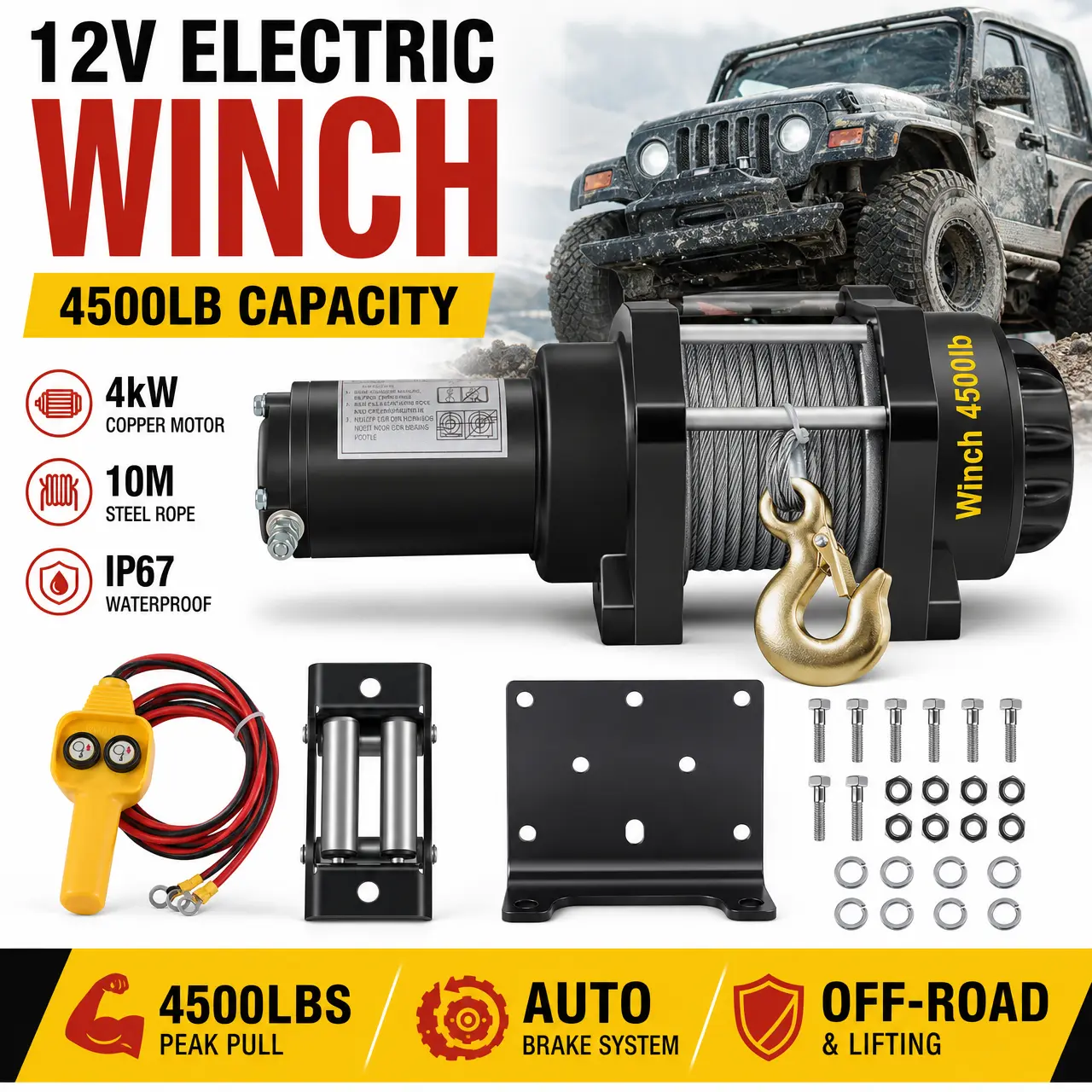 12V Electric Winch, 4500lb Capacity - 4kW Motor, 32.81ft Rope, Sealed Housing for Mud & Rain, Universal Fit for Auto & Industrial Use