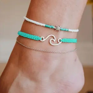 Three-piece Braided Anklet Set with Wavy Turtle-shaped Beads, Ocean-style Ankle Bracelet SetValentine's Day