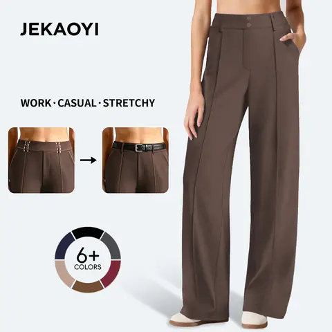 JEKAOYI Womens High Waist Straight Leg  Casual Work Pants Stretch Trousers with Pockets and Belt Loops