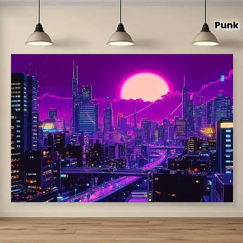 1pc Transverse Neon Purple-Pink Vibrant Punk Blacklight Tapestry, 100% Polyester Under ≤75 G/㎡ per sq ft Urban Skyline Wall Hanging for Home, Event Decor