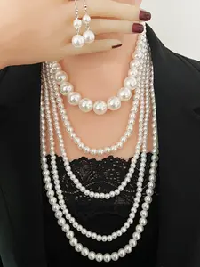 Elegant Pearl Five-Layer Necklace Earring Set, Stylish Jewelry for Women, Perfect Gift for Special Occasions, Fashion Accessory, Fashionable Jewelry Set