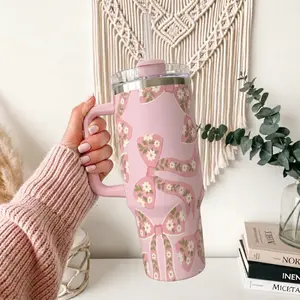 Pink Floral Bow 40oz Handle Tumbler Cup Pink Floral Bow Tumbler, Cute Girly Stainless Steel Travel Cup, Summer Beach Gift for Her, Insulated Steel Mug - scs17758