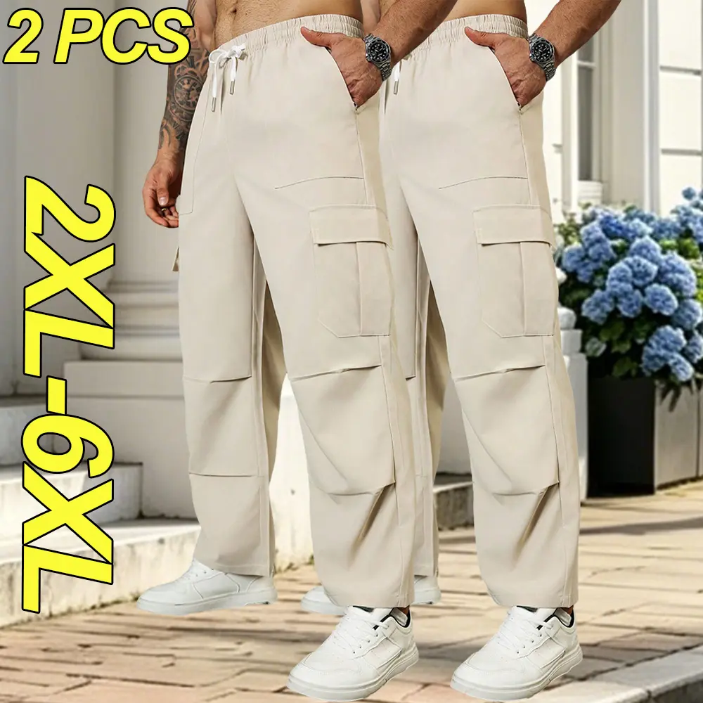 2XL–6XL Plus Size Men’s Cargo Pants — Loose Fit Workwear Trousers with Multiple Pockets, Straight Cut, Relaxed and Non-Restrictive, Simple yet Sophisticated Design; Suitable for Daily Commuting, Strolling, and Home Leisure