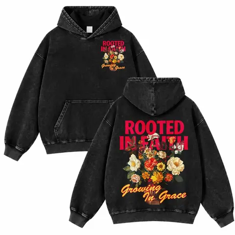 Men's 100% Cotton Christian Graphic Hoodie - Rooted in Faith Growing in Grace, Vintage Washed, Colorful Floral Front & Back Print, Casual Loose Pullover Garment, Kangaroo Pocket, Ribbed Details