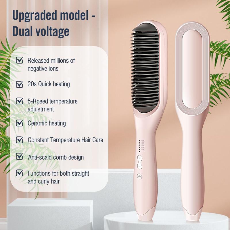 Professional Hair Straightening Brush - 60s Fast Heat Up, 5 Heat Settings for All Hair Types, Worldwide Dual Voltage, Auto Shut Off - Ideal Women's Gift (Anti-Scald, Pink) Straightener Smooth
