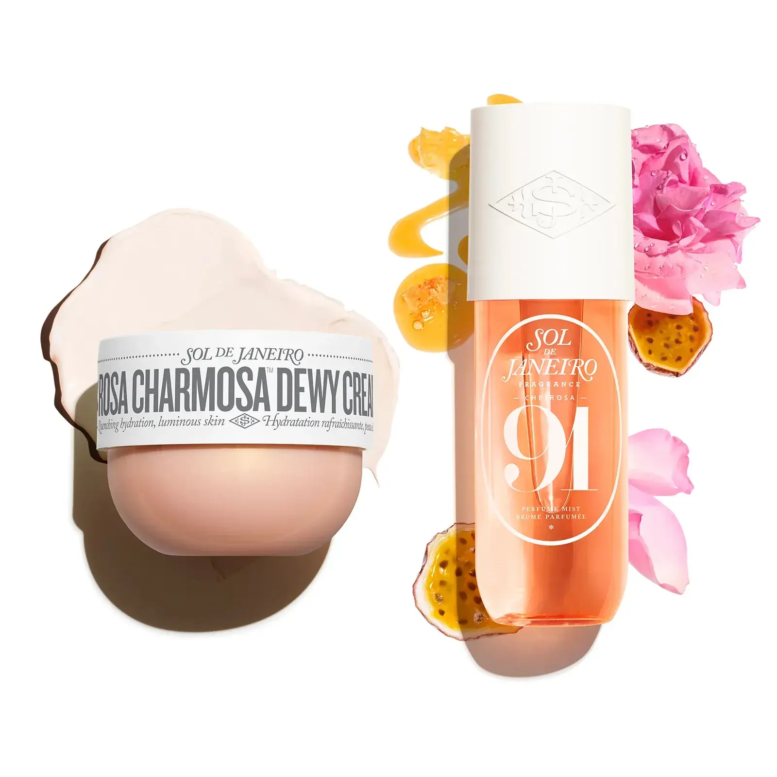 Sol de Janeiro Rosa Charmosa Duo | A Dewy, Juicy Body Care Set Featuring Cheirosa 91 Perfume Mist and Rosa Charmosa Hydrating Body Cream With Rose Gourmand Notes Of Rio Pink Rose & Passionfruit