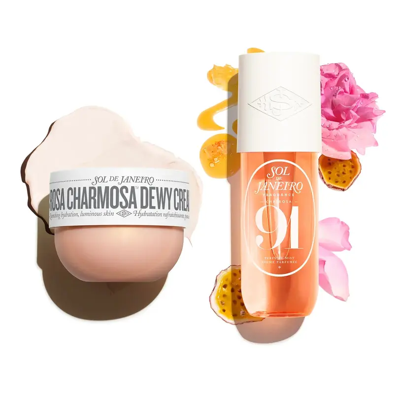 Sol de Janeiro Rosa Charmosa Duo Hydrating Body Care Kit - 240ml, 48-hr Moisture, Rio Rose & Passionfruit + Honey Scent, Smooth Dewy Luminous Skin, Butylene Glycol-Infused Aqua Liquid Cream, Women's Gift Set