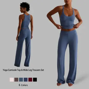 Women's 2-Piece Workout Set - U-Neck Ribbed Knit Tank Top & Wide Leg Pants, Soft Stretch Fabric Lounge Set for Yoga & Gym, Stylish Athletic Wear, Ideal NVWA Mother's Day Gift, Workout Sets Women