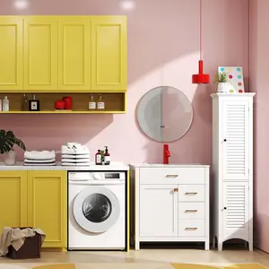 COSTWAY - 3-Piece Laundry room Bundle: Single Bathroom Vanity + Tall Bathroom Floor Cabinet + 2.6 Cu.ft Compact Portable Clothes Dryer